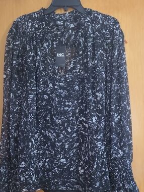 INC International Concepts Black and Light Gray Printed Blouse